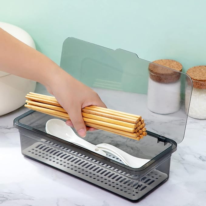 Flatware Tray Kitchen Drawer Organizer With Lid And Drainer - Plastic Kitchen Cutlery Tray and Utensil Storage Container with Cover 10.0 Inch - Dinnerware Holder for Spoons Forks Knives Coffee