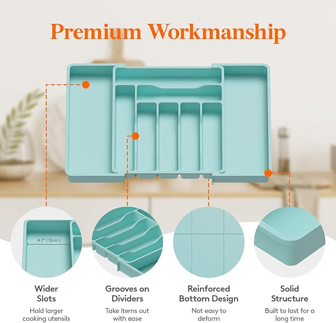 Lifewit Silverware Drawer Organizer, Expandable Utensil Organizer for Kitchen Drawers, Adjustable Cutlery and Flatware Tray, Plastic Spoons Forks Knives Holder Storage Dividers, Large, Turquoise