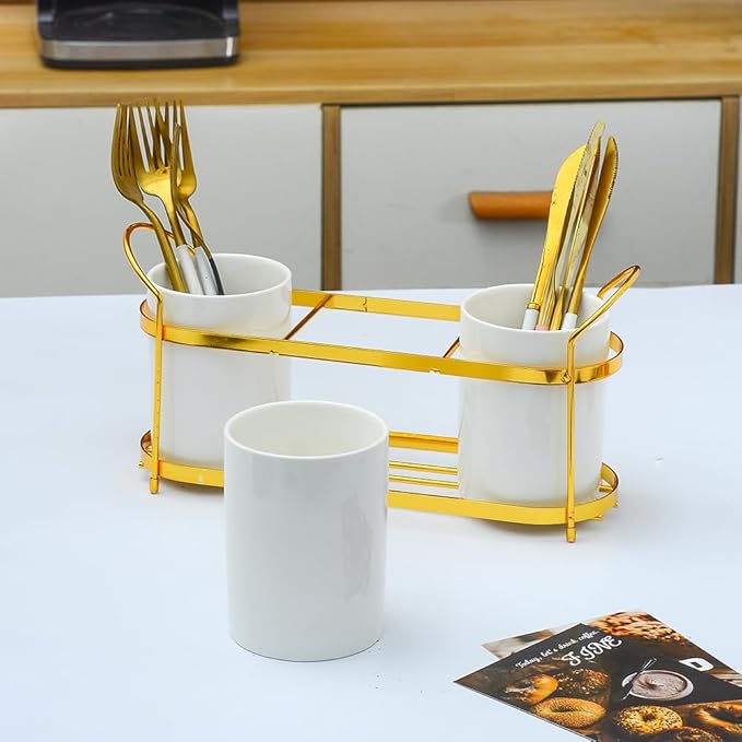 3-Piece White Ceramic Silverware Caddy with Black Metal Rack, Utensil Holder Flatware Caddy Cutlery Storage Organizer for Kitchen Table (White+Gold A)