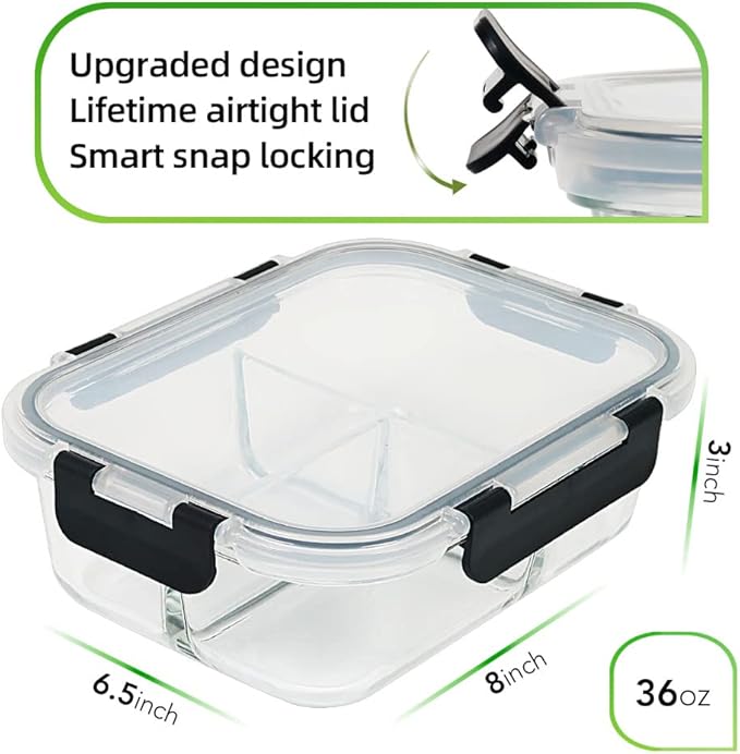 DAS TRUST 3 Pack Bento Box Glass Meal Prep Containers 3 Compartment Glass Food Storage Containers with Lids Meal Prep Bowls Lunch Box Food Prep