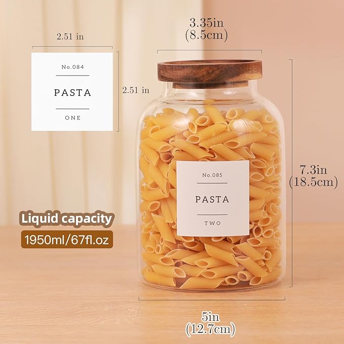 High Borosilicate Glass Jar with Airtight Acacia Lid and 132 Kitchen Panty Labels Preprinted - 67 Fl Oz Thicken Glass Food Storage Container Canister for Coffee, Brown Sugar, Candy, Cookie, Cereal