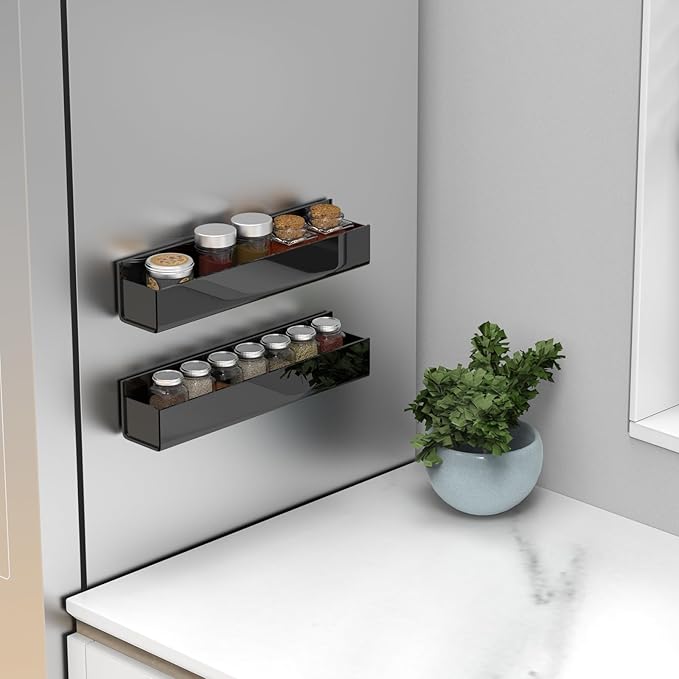 VAEHOLD Adhesive Acrylic Spice Rack with Nano Double Sided Tape Wall Mount Organizer, Black Wall Spice Rack With Shelf Ends for Kitchen Cabinet Door - 2 Pack 12‘’ Shelves