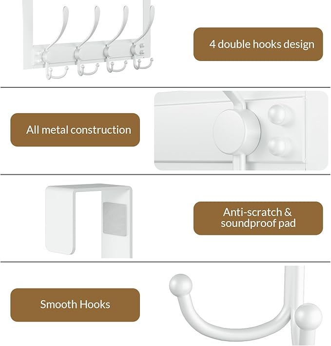 2 Packs Over The Door Hooks with 4 Tri Hooks, Heavy Duty Over Door Hanger for Bathroom Closet Bedroom Kitchen Dorm Room, Towel Coat Rack Home Organizer for Hanging Clothes Coat Hat Jacket (2, White)