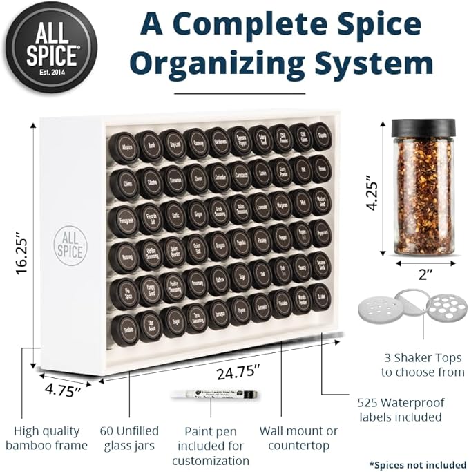 AllSpice Wood Spice Rack Organizer, 525 Unique Labels, Countertop or Wall Mount, Includes 60 4oz Jars- Matte White