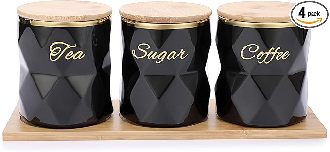 JUXYES Ceramic Canisters Set for Sugar Coffee Tea, Luxurious Storage Containers Set with Lids Decorative Storage Pots Black Storage Jar for Kitchen Counter Dining Room