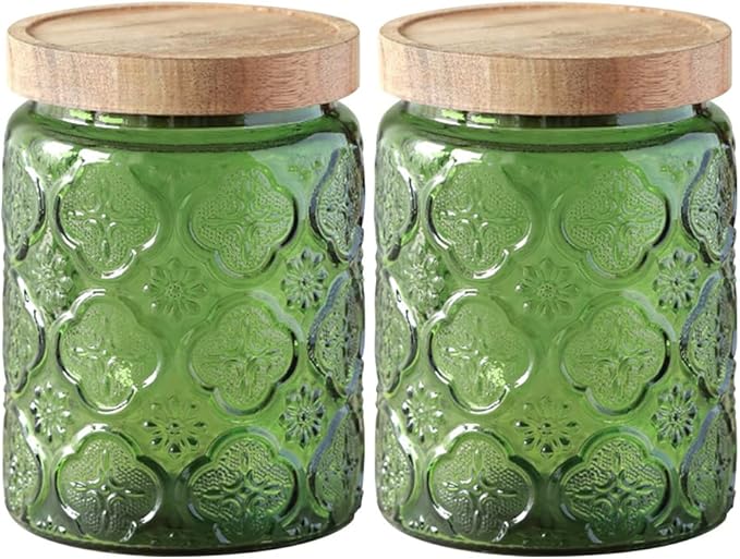 Vintage Glass Jar with Lid,Cookie Candy Jar Coffee Canister Food Storage Containers Storage Jar Set for Kitchen Office (Green birchapple flowers - acacia)