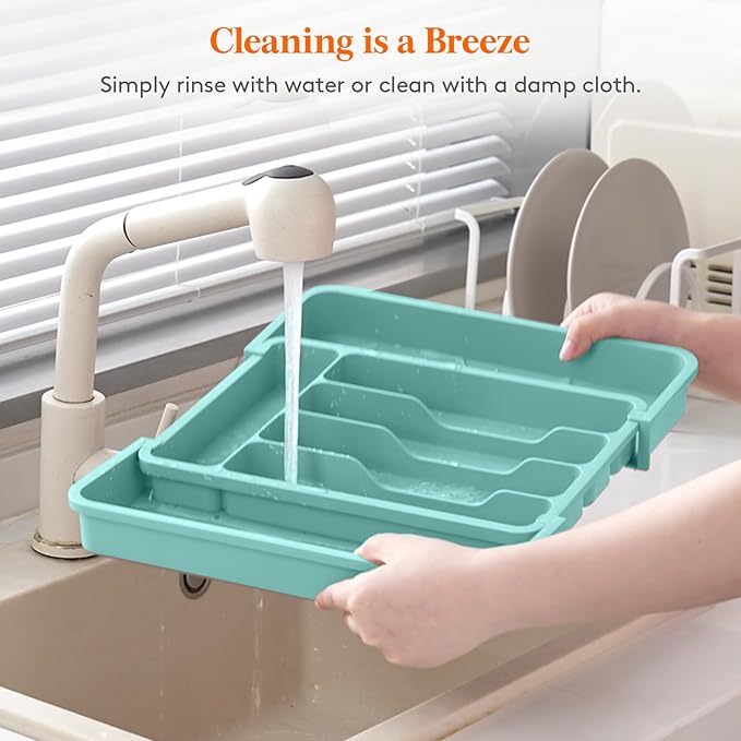 Lifewit Silverware Drawer Organizer, Expandable BPA Free Utensil Tray for Kitchen, Adjustable Flatware and Cutlery Holder for Spoons Forks Knives, Plastic Kitchen Organizers and Storage, Turquoise