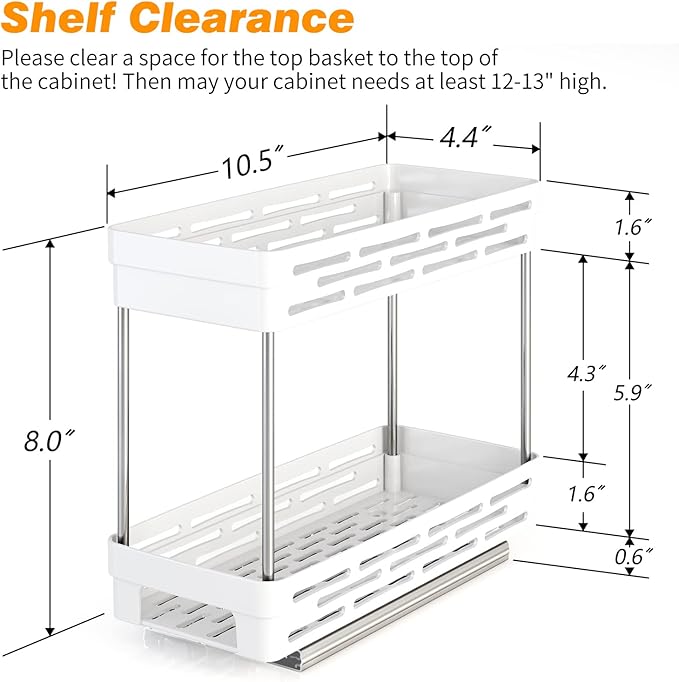 2-Pack Pull-Out Spice Rack Organizer for Cabinet, Slide-Out Rack, Easy to Install, 4.4"W x 10.5"D x 8"H, Holds 10 Spice Jars Each - 2 Tier, White