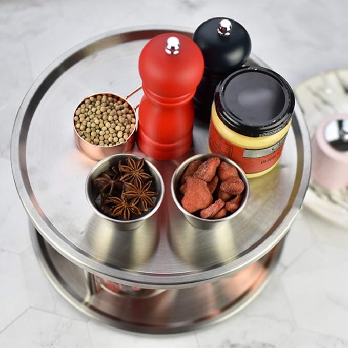 2 Tier Lazy Susan Turntable Organizer,Stainless Steel 360 Degree Turntable Pantry Cabinet Turning Table Spice Rack Organizer Tray for Kitchen Bathroom Bedroom Parlor