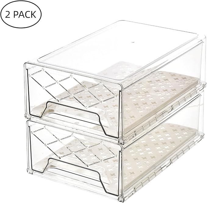 Pantry Organization and Storage, Refrigerator Organizer Bins, Fridge Pull-Out Drawer Containers, Stackable Storage Bins for Kitchen, Cabinet, Closet, Bathroom (2 PACK, 12.6"L x 8"W x 4.4"H)