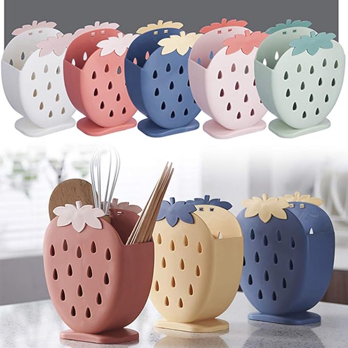 AKOAK 1 Pack Strawberry Chopsticks Stand, Cutlery Storage Box, Suitable for Storing Spoons, Chopsticks, Spoons, Knives and Other Kitchen Utensils (Creamy White)
