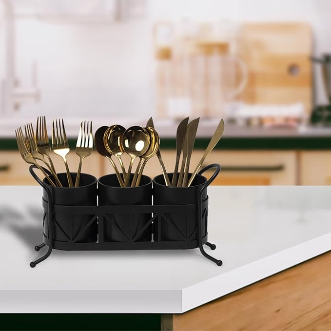 Kitchen Utensil Holder, Silverware Cutlery Organizer, Versatile Flatware Caddy Storage for Forks Spoons Knives, Perfect for Countertop Party Camping - Black Round