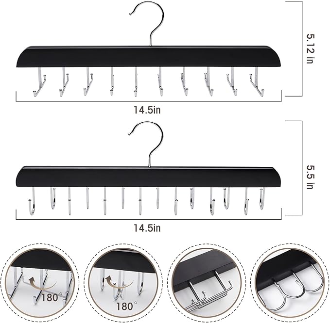 1 Tie Rack & 1 Belt Hanger for Closet, Wooden Tie Hanger for Men with 20 Hooks & Belt Organizer with 14 Hooks, 2 Pack Multi Functional Storage Organizer, Space-Saving