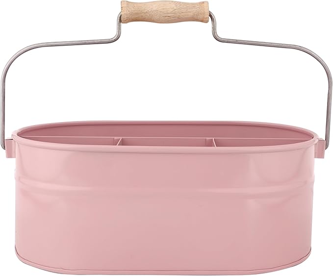 Alpha Living Home Farmhouse Utensil Caddy – 4-Compartment Silverware & Kitchen Organizer with Sturdy Wooden Handle, Durable Powder-Coated Finish (Lemonade)