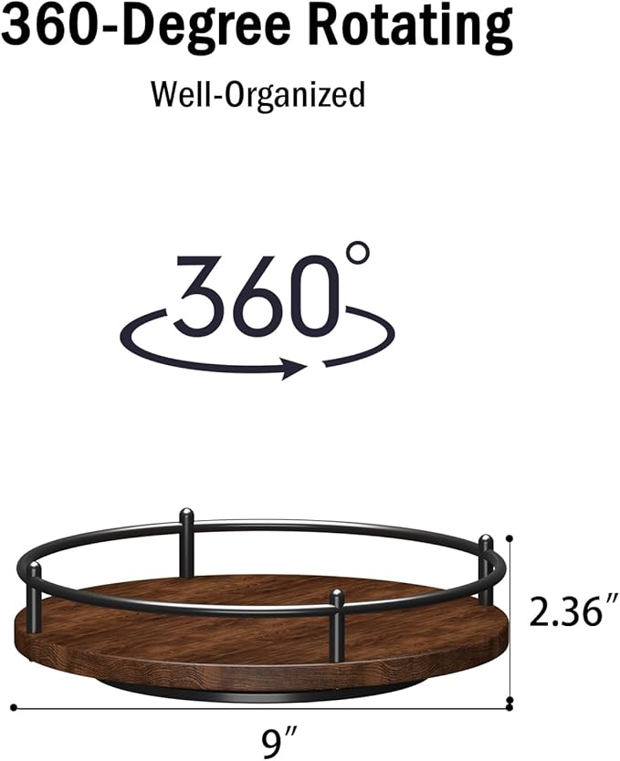 Lazy Susan Organizer:9 Inch Rotating Spice Rack for Kitchen Countertop Round Wooden Turntable Holder for Cabinet, Dining Table, Cupboard Storage – Black