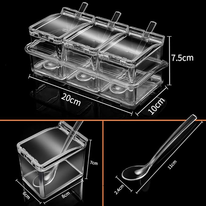 V·RESOURCING Clear Seasoning Box, 3 Pieces Seasoning Rack Spice Pots Storage Container for Spice Salt Sugar Cruet Liquid,Condiment Jars with 3 Spoons