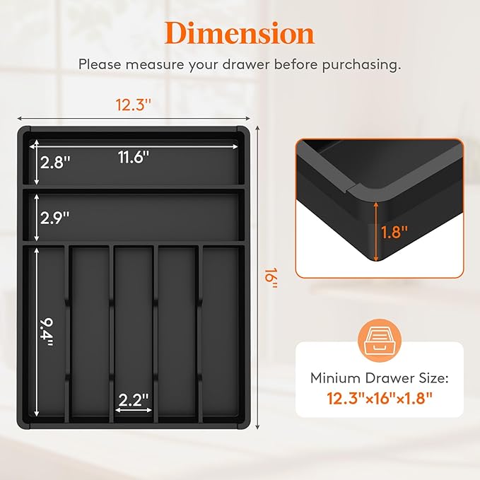 Lifewit Silverware Tray, Deep Wide Cutlery Drawer Organizer Storage for Kitchen, Plastic Flatware Utensil Holder Divider for Spoons Forks Knives Tableware, 7 Compartment, Black