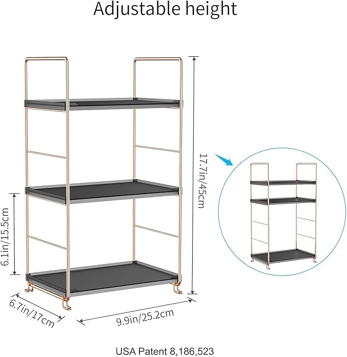 Plastic/Metal Freestanding Stackable Organizer Shelf,Bathroom Countertop Storage Shelf Cosmetic Organizer Holder Kitchen Spice Rack,3-Tier Standing Rack (Rose Gold@Black)