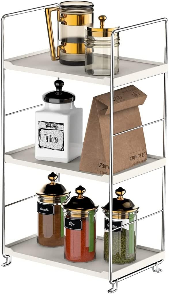3-Tier Bathroom Countertop Organizer -Makeup Organizer -Corner Storage Shelf- Kitchen Spice Rack Standing Shelf-Great for Vanity, Bathroom, Bedroom, Kitchen (Silver & White)