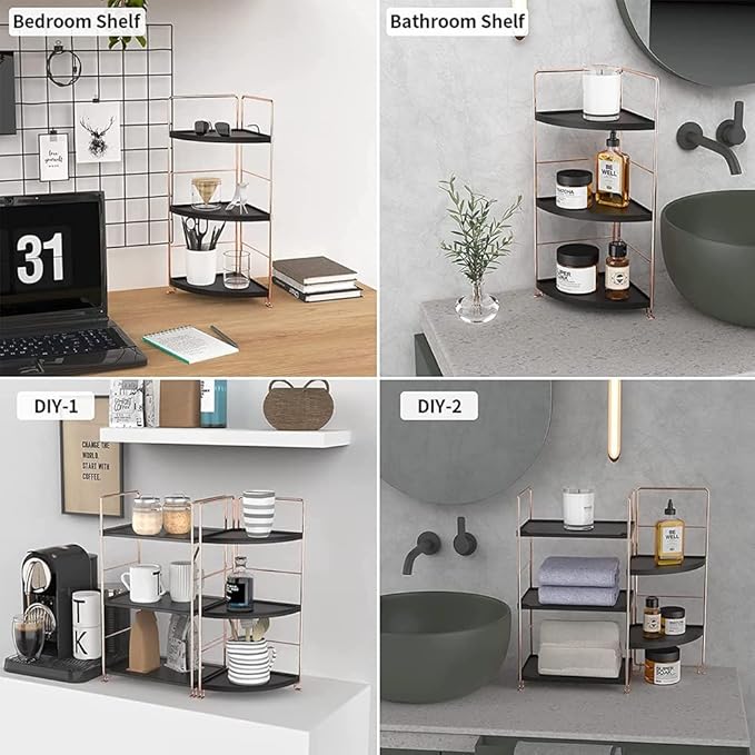 3-Tier Bathroom Countertop Organizer, Vanity Tray Cosmetic & Makeup Storage, Kitchen Spice Rack Standing Shelf, Corner Storage Shelf, Black & Rose Gold