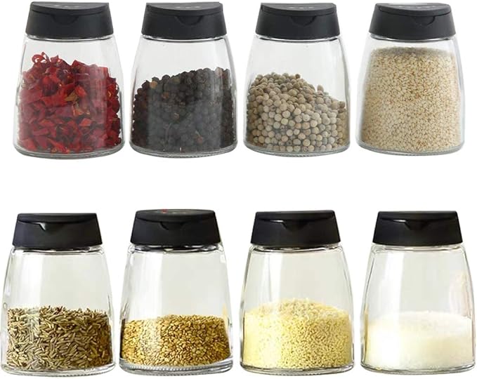 Glass Spice Jars, Double Lids Seasoning Shakers Glass Bottles Spice Shakers Sifter Barbecue Salt & Pepper Shaker Container (8PCS)