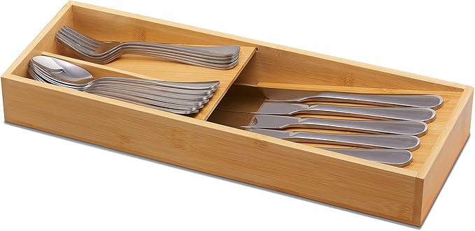 Bamboo Silverware Drawer Organizer, Kitchen Cutlery Tray,Utensil Holder for Spoons, Forks, Knives in Kitchen