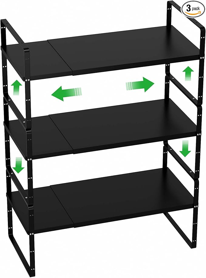 Cabinet Organizer Shelf Expandable Spice Rack Stackable Storage Shelves for Kitchen Pantry Counter Bathroom Home Office,3 Packs,8.07" D,Black