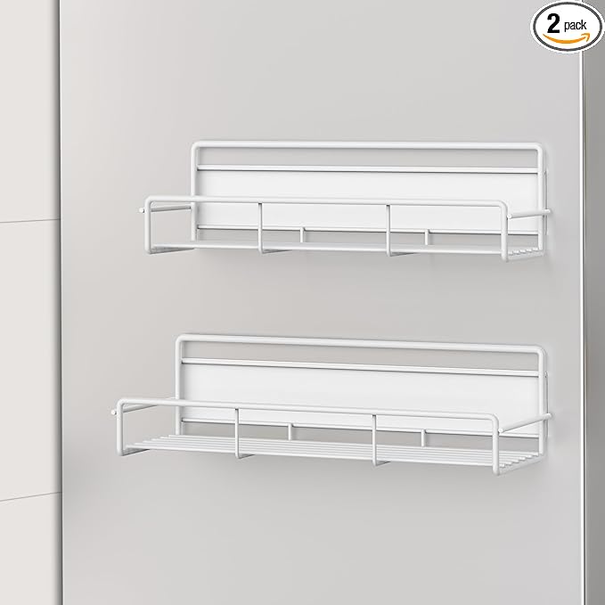 2 Pack Magnetic Spice Rack Organizer for Refrigerator and Microwave Oven, Metal Fridge Shelf for Kitchen, White