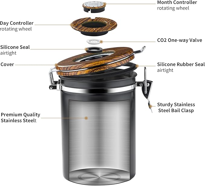 1800ml Coffee Canister Coffee Bean Storage Airtight Containers Stainless Steel Kitchen Food Storage Container with Date Tracker and Scoop for Ground coffee, Beans, Tea, Sugar, Flour, Cereal