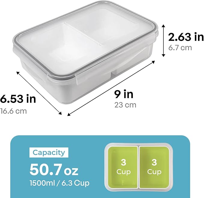 carrotez Food Storage Container with 2 Removable Compartments, Food Prep Container with Airtight Lids, Portion Control Container, Reusable, BPA Free, 6.3 Cup (1500ml)