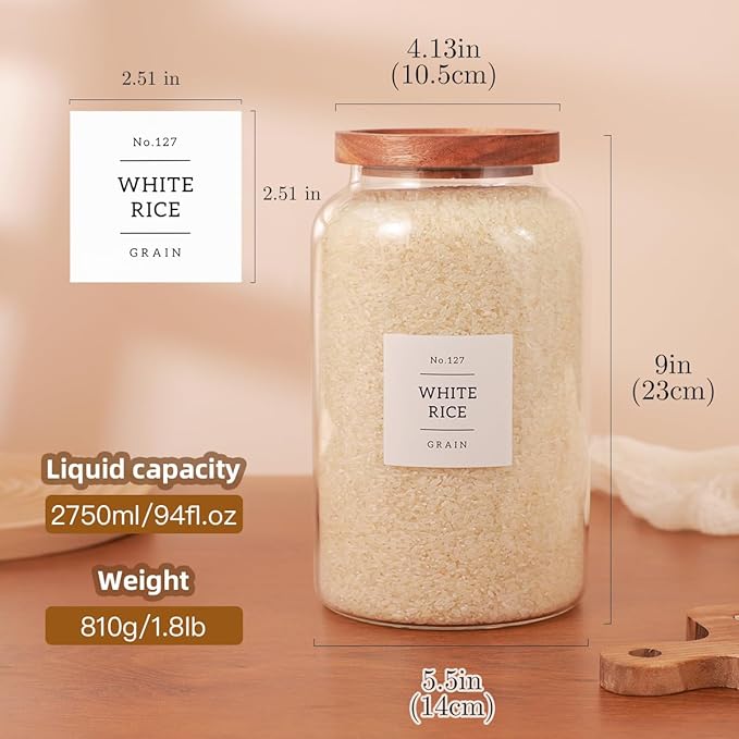 High Borosilicate Large Glass Jar with Airtight Acacia Lid and 132 Kitchen Panty Labels Preprinted - 94 Fl Oz Thicken Big Glass Food Storage Container Canister for Flour, Sugar, Rice, Cookie, Cereal