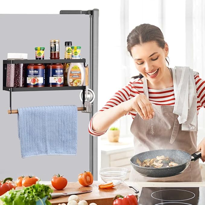 Magnetic Spice Rack for Refrigerator Magnetic Paper Towel Holder for Fridge Magnetic Shelf Magnetic Shelves 2 Hooks Fridge Magnet Organizer Spice Rack Seasoning Organizer Kitchen Storage