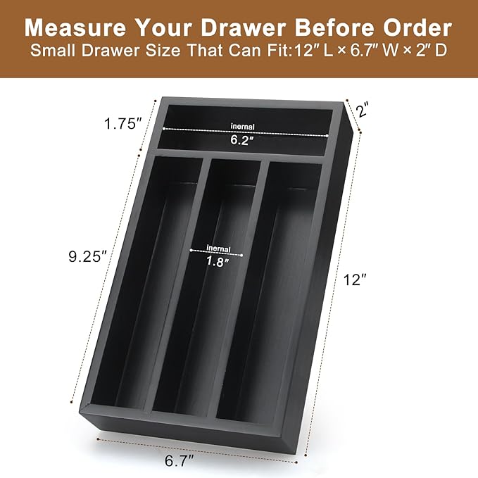 Small Cutlery Tray Narrow Wooden Silverware Organizer 12"x6.7" Spoon Kitchen Utensil Holder for Drawer Divider Bamboo Cutlery Drawer Organizers Storage Black Wood Silverware Tray Flatware Organizer