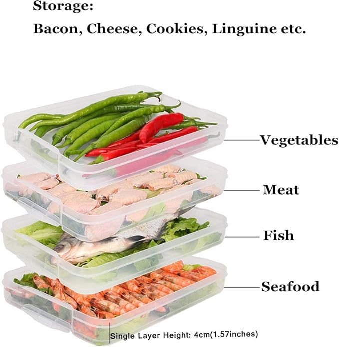Refrigerator Organizer Bin, Plastic Food Storage Containers with Lid, 3-Layer, BPA free, Stackable Food Organizer Keeper for Snack, Vegetables, Meat, Fish, Bacon (blue)