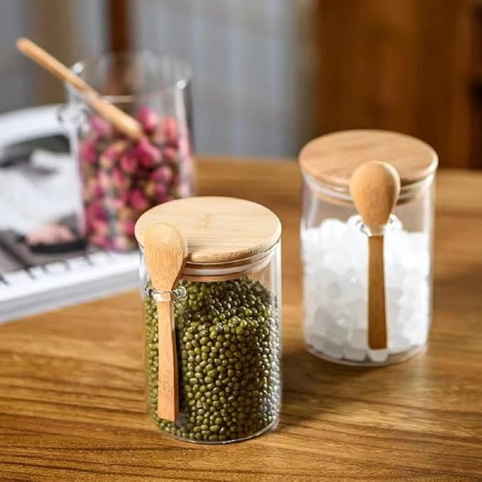 Airtight Glass Jars With Bamboo Lids And Spoons, 17oz Glass Canisters With Lid For Spice Beans Tea, Sealed Sugar Container, Glass Coffee Containers, Food Jars Canisters, Kitchen Accessories (2pcs)