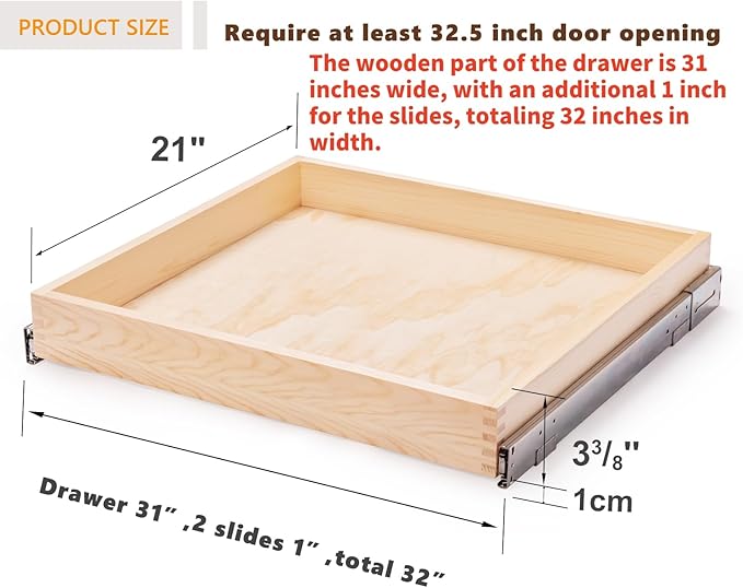 Pull Out Cabinet Drawer, 32”W x 21”D Soft Close Slide Out Wood Drawer Organizer for Kitchen, Finished, Bottom and Side Assembly (Wood Drawer Part is Width 31'')