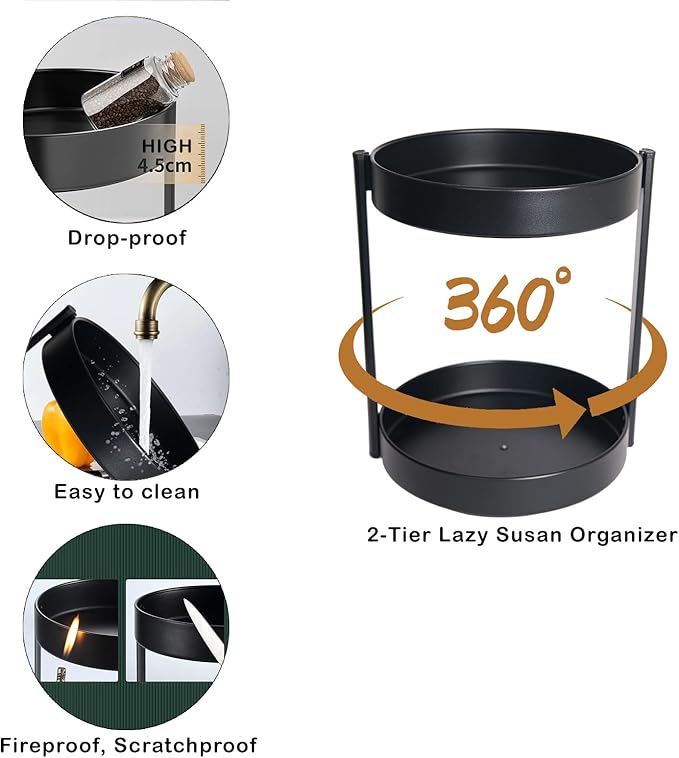 2-Tier 360° Lazy Susan Organizer, 10 inch Metal Steel Rotating Spice Rack, Turntable Organizer for Cabinet, Pantry, Bathroom, Countertop