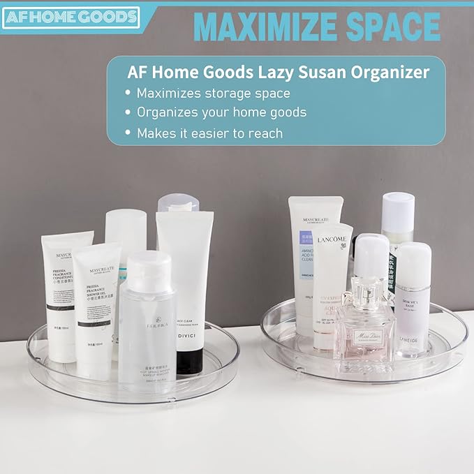 Food Grade BPA Free Clear Lazy Susan 2 Pack, 10.6 Inch Kitchen Cabinet Turntable Organizer, Refrigerator Storage Organizer, Spinning Storage Container for Fridge Pantry Bathroom