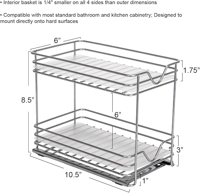 Household Essentials Glidez Paint-Finished Steel Pull-Out/Slide-Out Storage Organizer with Plastic Liner for Spice Rack Use - 2 -Tier Design - Fits Standard Size Cabinet or Shelf, Brushed Silver