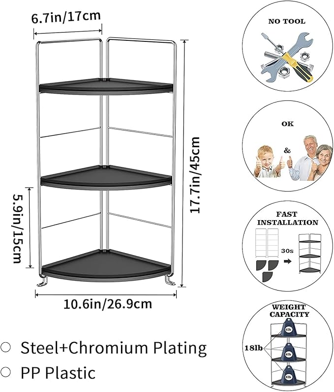 3-Tier Bathroom Countertop Organizer , Vanity Tray Cosmetic & Makeup Storage, Kitchen Spice Rack Standing Shelf , Corner Storage Shelf , Silver&Black