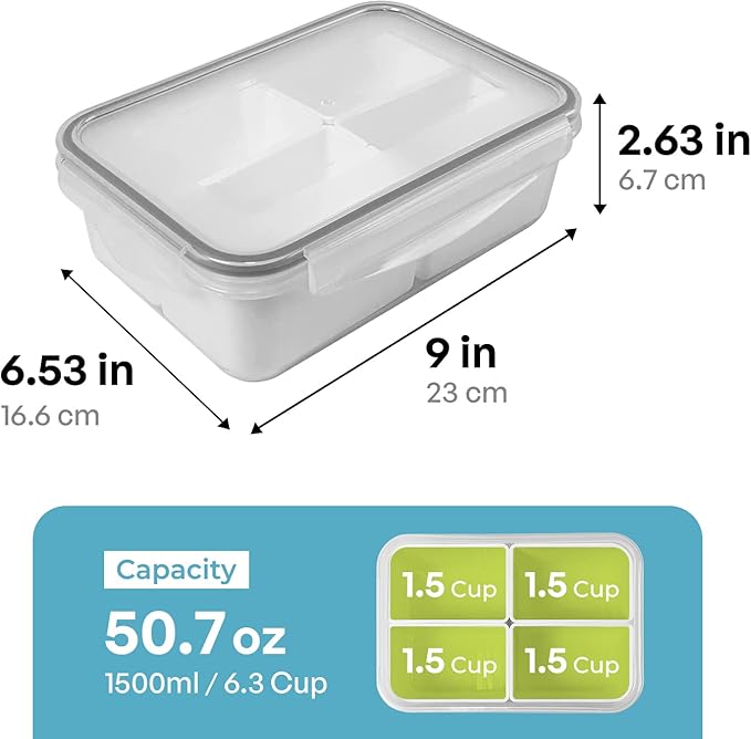 carrotez Food Storage Container with 4 Removable Compartments, Food Prep Container with Airtight Lids, Portion Control Container, Reusable, BPA Free, 6.3 Cup (1500ml)