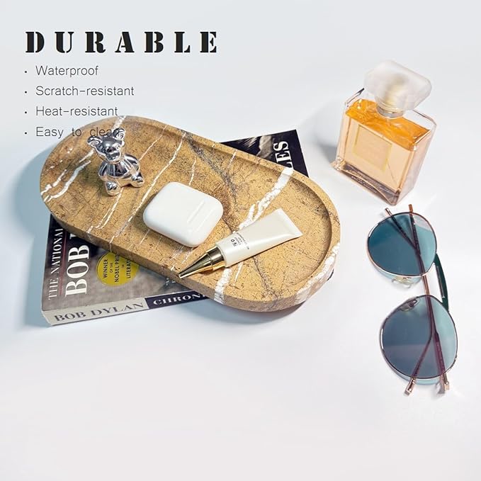 JINGJU Marble Oval Tray 10”x5”, Natural Stone Decorative Tray for Jewelry, Candle, Bathroom Counter, Coffee Table, Perfume Display