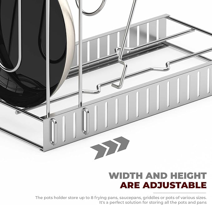 Vdomus Pot Rack Organizer - 3 DIY Methods, Pan and Lid Storage for Cabinet Organizing, 8+ Pot and Pan Holder, Adjustable Pot Rack Lid Holder (Silver)