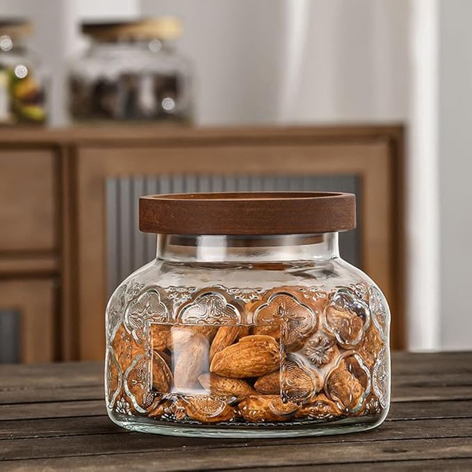 Vintage Glass Jar with Solid Wood Lid, 25.4 FL OZ Begonia Pattern Food Storage Jar, Home Kitchen Decorative Storage Cabinet, Oatmeal, Jam, Coffee, Candy, Cookie Jar, Pet Food Jar (Begonia Flower)