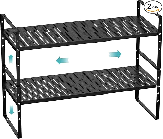 Cabinet Organizer Shelf Expandable Spice Rack Cabinet Organization Shelves Stackable Storage Shelves Space Saving Countertop Cabinet Pantry Bathroom Organizer,Black,2 Packs
