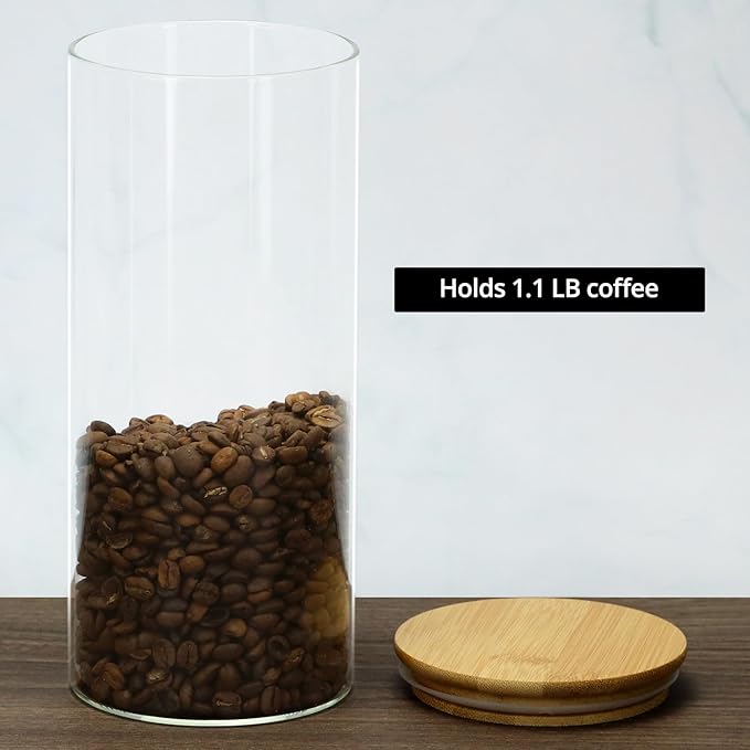 QWORK Glass Coffee Bean Container, 52.36 FL OZ (1550 ML) Clear Canister, 2 Pack Thickened Borosilicate Glass Food Storage Jar with Airtight Bamboo Lid for Coffee, Tea, Spices
