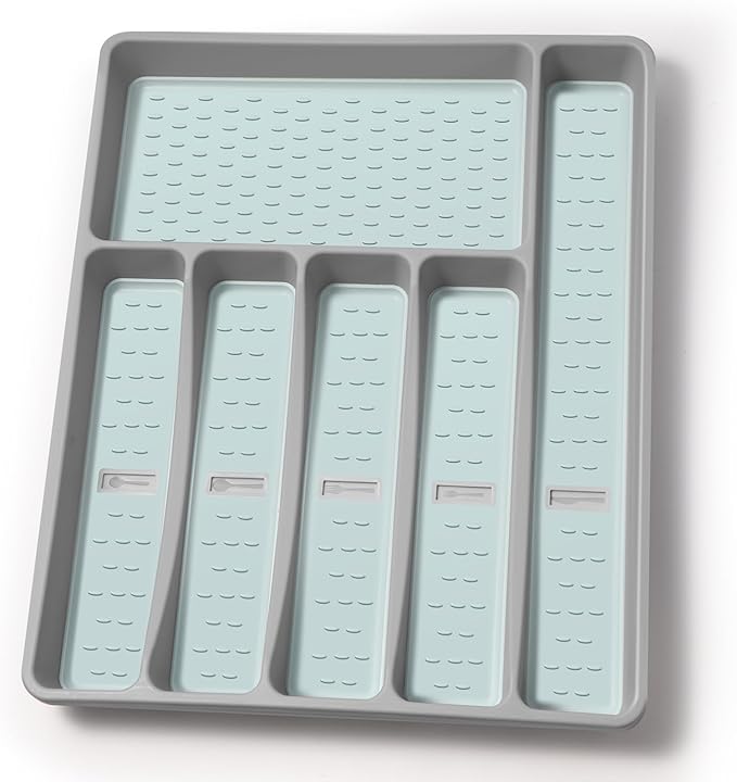 Silverware Organizer with Cutlery Icons,Silverware Tray for Kitchen Drawer,Plastic Flatware Tableware Cultery Drawer Organizer Utensil Organizer with Non-slip TPR Linings,6-Compartment