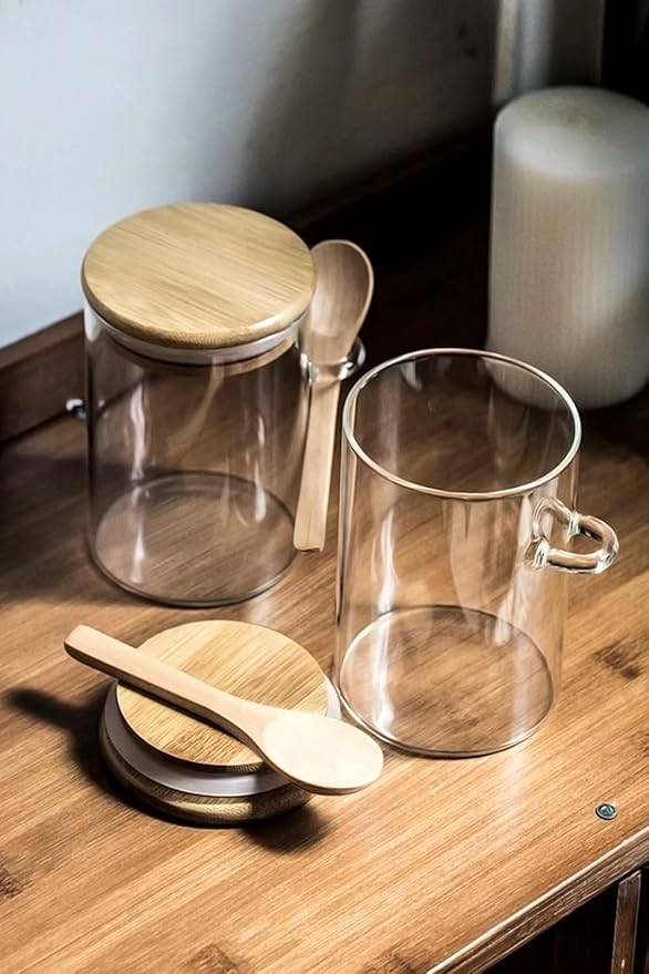 Coffee Sugar Container Salts Jars - 15oz Glass Airtight Caning with Bamboo Lids and Spoons Scoop, Storage Overnight Oats, Spice, Creamer, Food Organizer, Set of 3