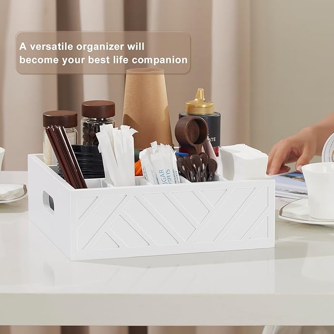 Utensil Holder for Party-Paper Plate Organizer for Countertop, Rustic Wood Silverware Caddy with 7 Compartments for Plate, Cup, Fork, Spoonpicnic Caddy for Plates and Utensils-White