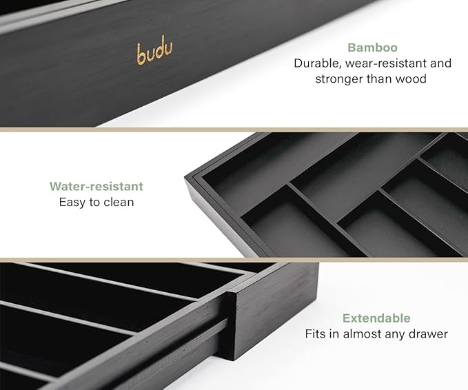 budu Silverware Drawer Organizer #17.7" Depth – Black - Utensil Holder, Kitchen Drawer Organizers for Flatware, Cutlery – Perfect Utensil Organizer for Silverware & Other Kitchen Organization Tools